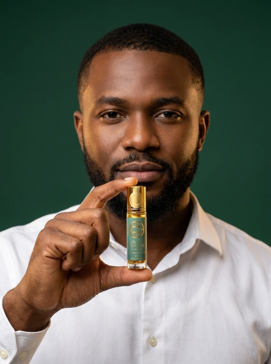 A man presenting the Oil of Increase bottle