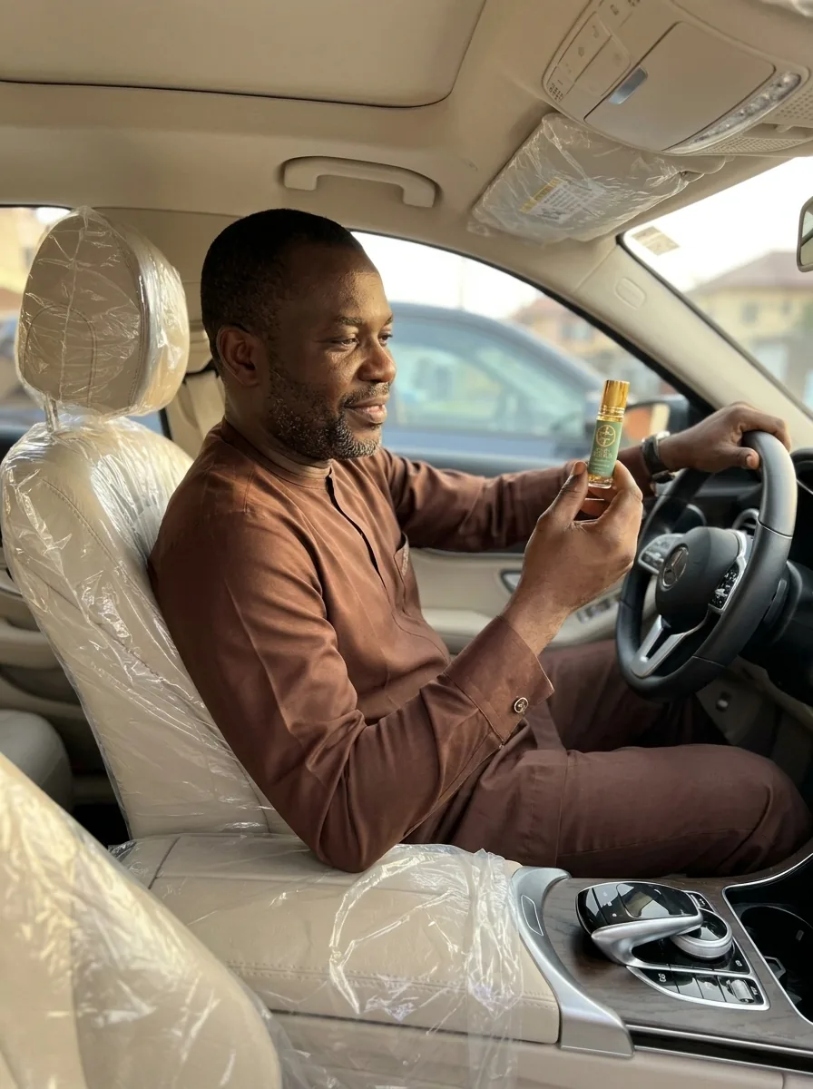 A man seated in his new car, factory covers still on the seats, holding the Oil of Increase