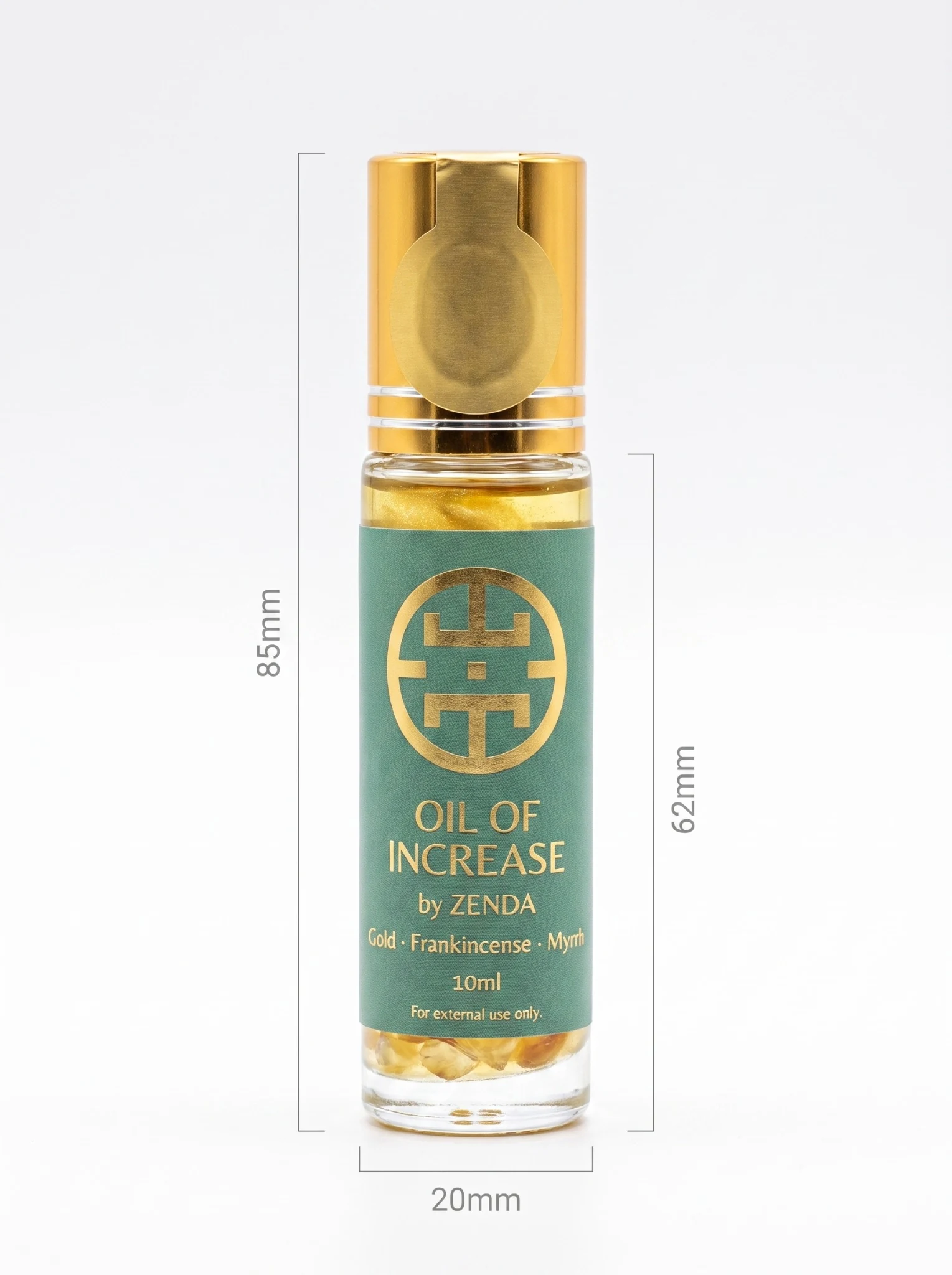 The Oil of Increase bottle, 10ml amber glass with gold cap and jade label