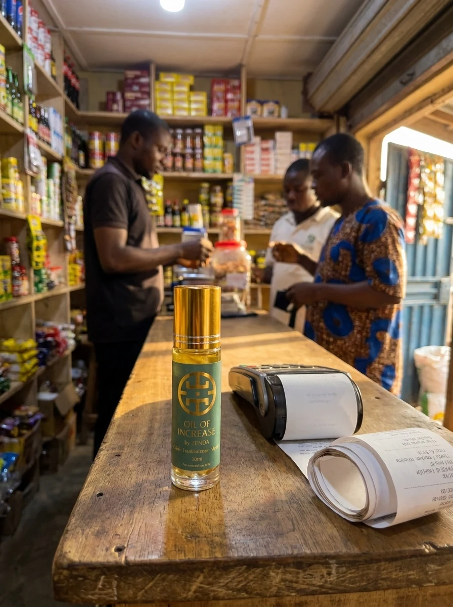 The Oil of Increase standing on a shop counter beside the POS in a busy Nigerian shop